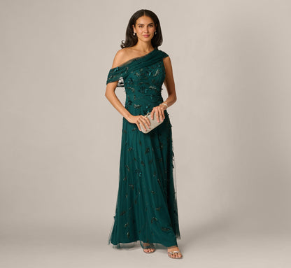 One Shoulder Draped Floral Beaded Gown - Gem Green | Adrianna Papell
