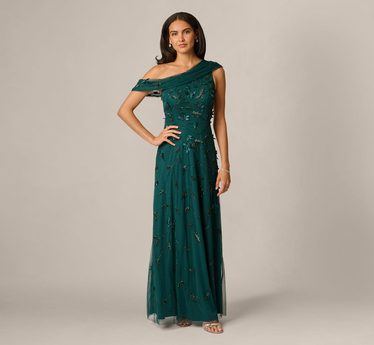One Shoulder Draped Floral Beaded Gown - Gem Green | Adrianna Papell