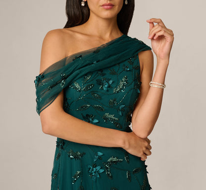One Shoulder Draped Floral Beaded Gown - Gem Green | Adrianna Papell