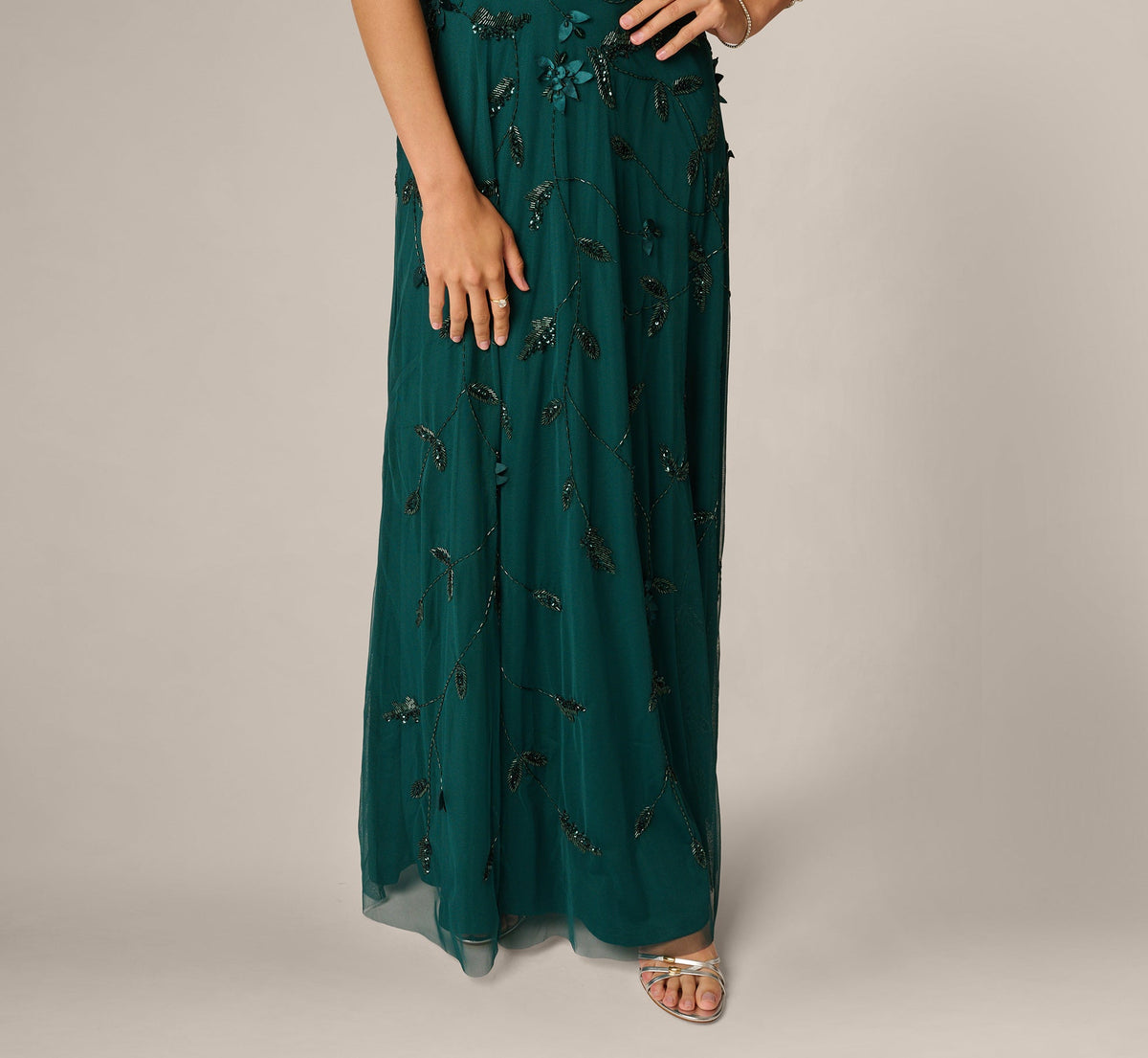 One Shoulder Draped Floral Beaded Gown - Gem Green | Adrianna Papell