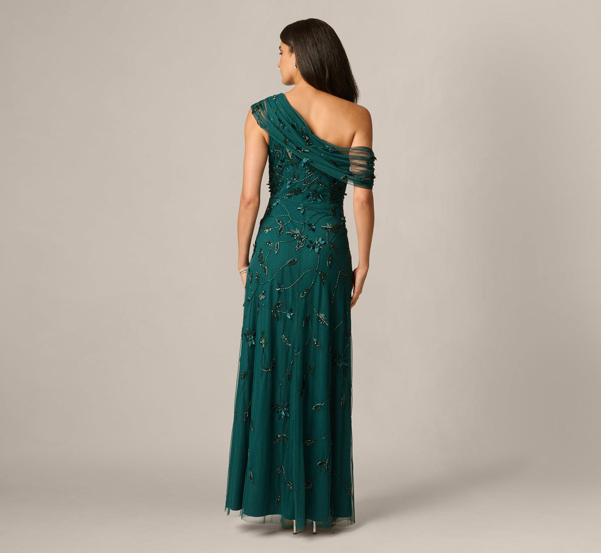 One Shoulder Draped Floral Beaded Gown - Gem Green | Adrianna Papell