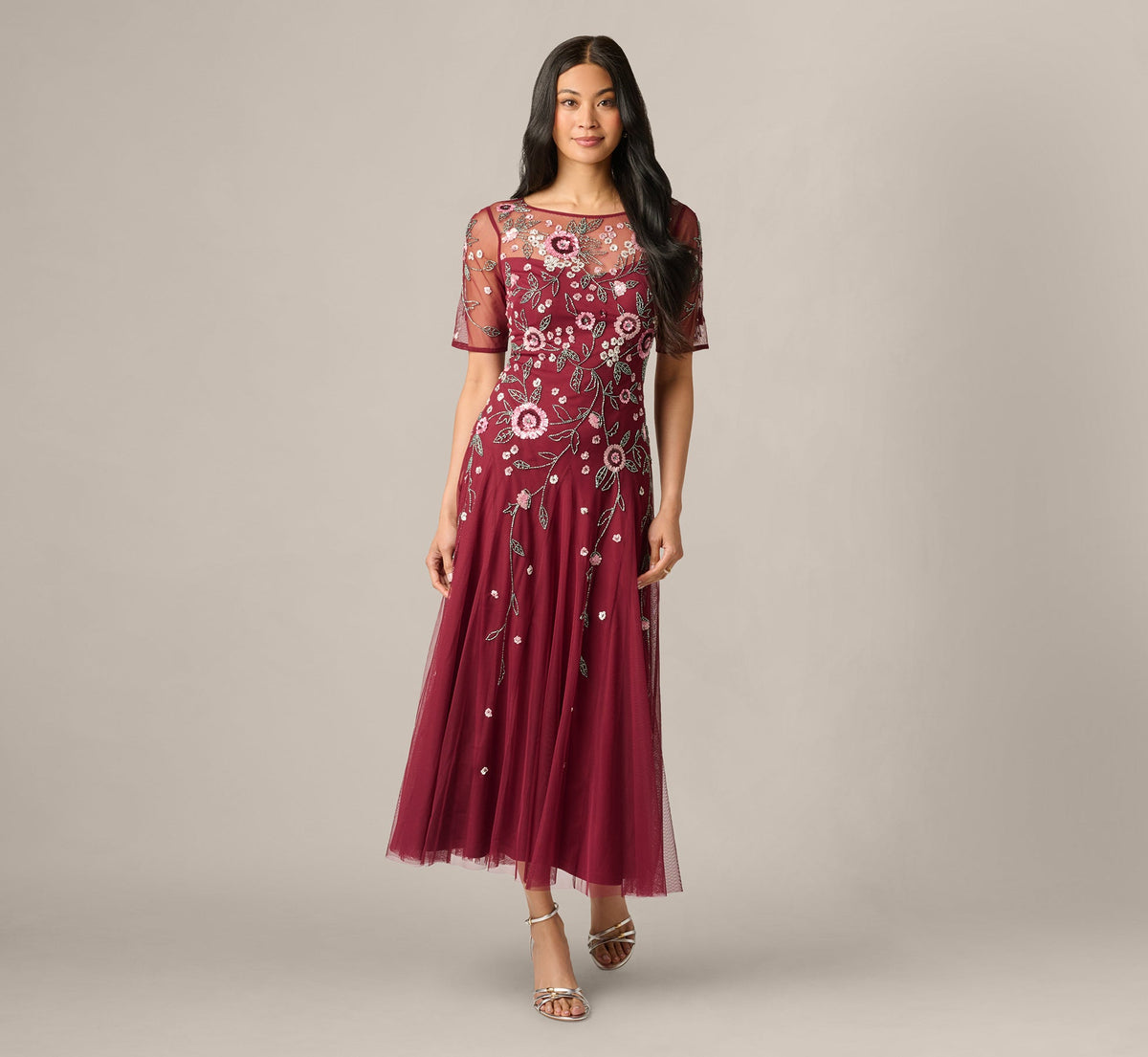 Short Sleeve Floral Beaded Sequin Ankle Length Dress - Mahogany | Adrianna Papell