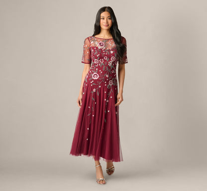 Short Sleeve Floral Beaded Sequin Ankle Length Dress - Mahogany | Adrianna Papell