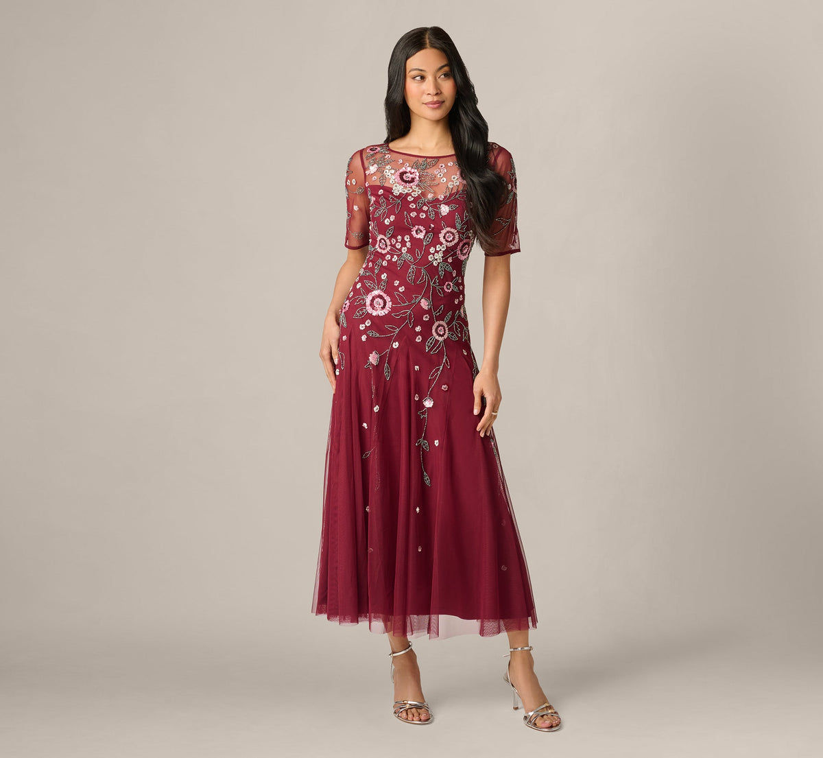 Short Sleeve Floral Beaded Sequin Ankle Length Dress - Mahogany | Adrianna Papell