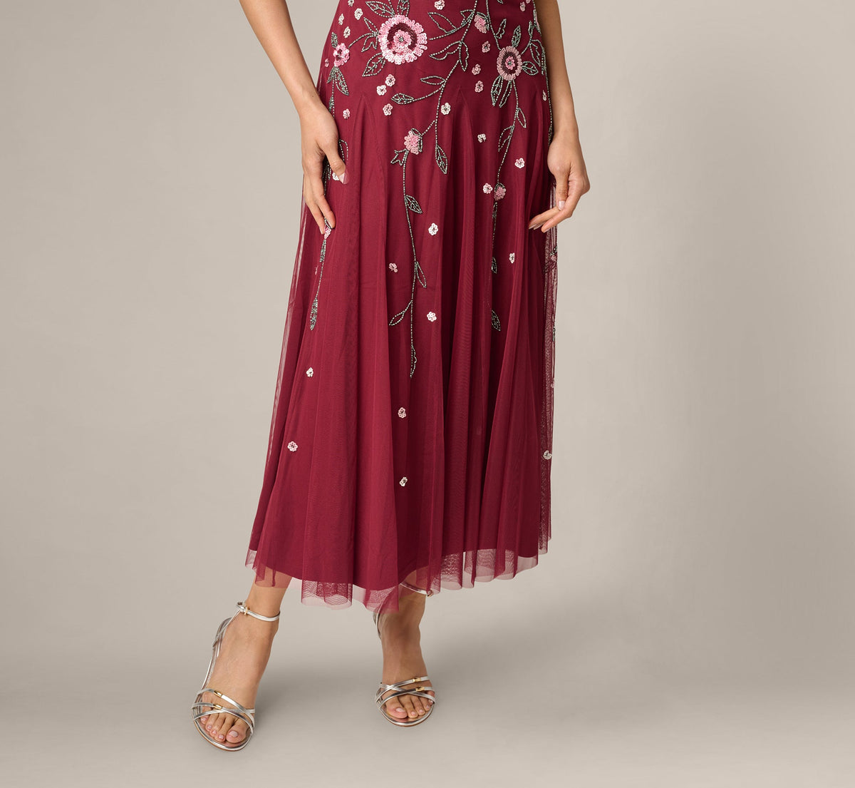 Short Sleeve Floral Beaded Sequin Ankle Length Dress - Mahogany | Adrianna Papell