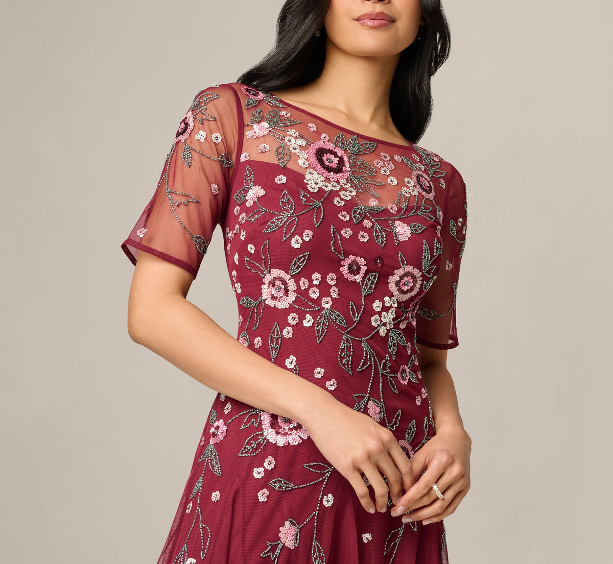 Short Sleeve Floral Beaded Sequin Ankle Length Dress - Mahogany | Adrianna Papell