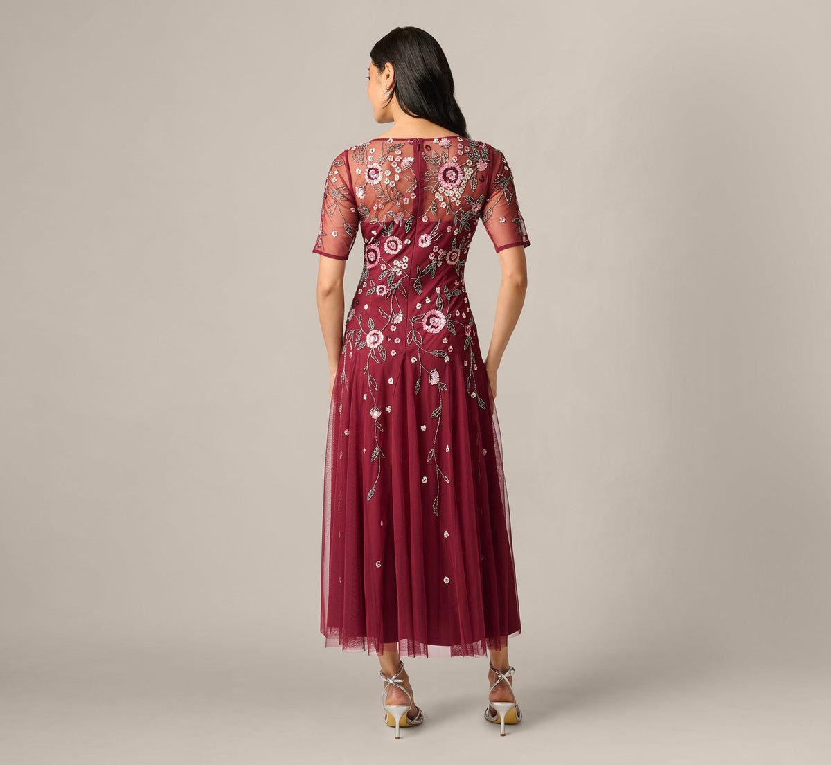 Short Sleeve Floral Beaded Sequin Ankle Length Dress - Mahogany | Adrianna Papell