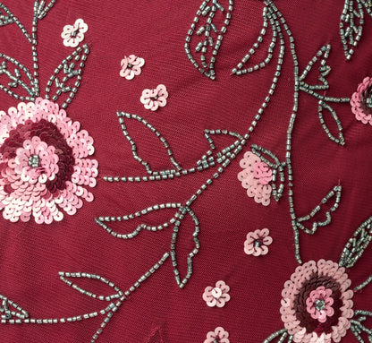 Short Sleeve Floral Beaded Sequin Ankle Length Dress - Mahogany | Adrianna Papell