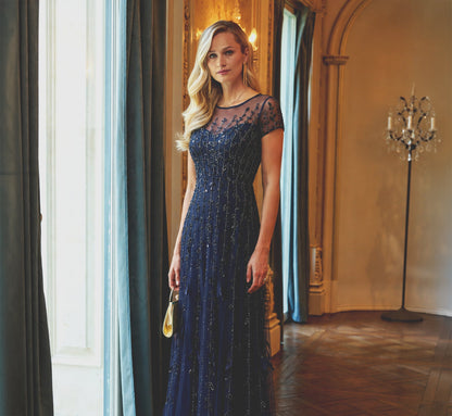 Short Sleeve 3D Beaded Vine Gown - Navy | Adrianna Papell