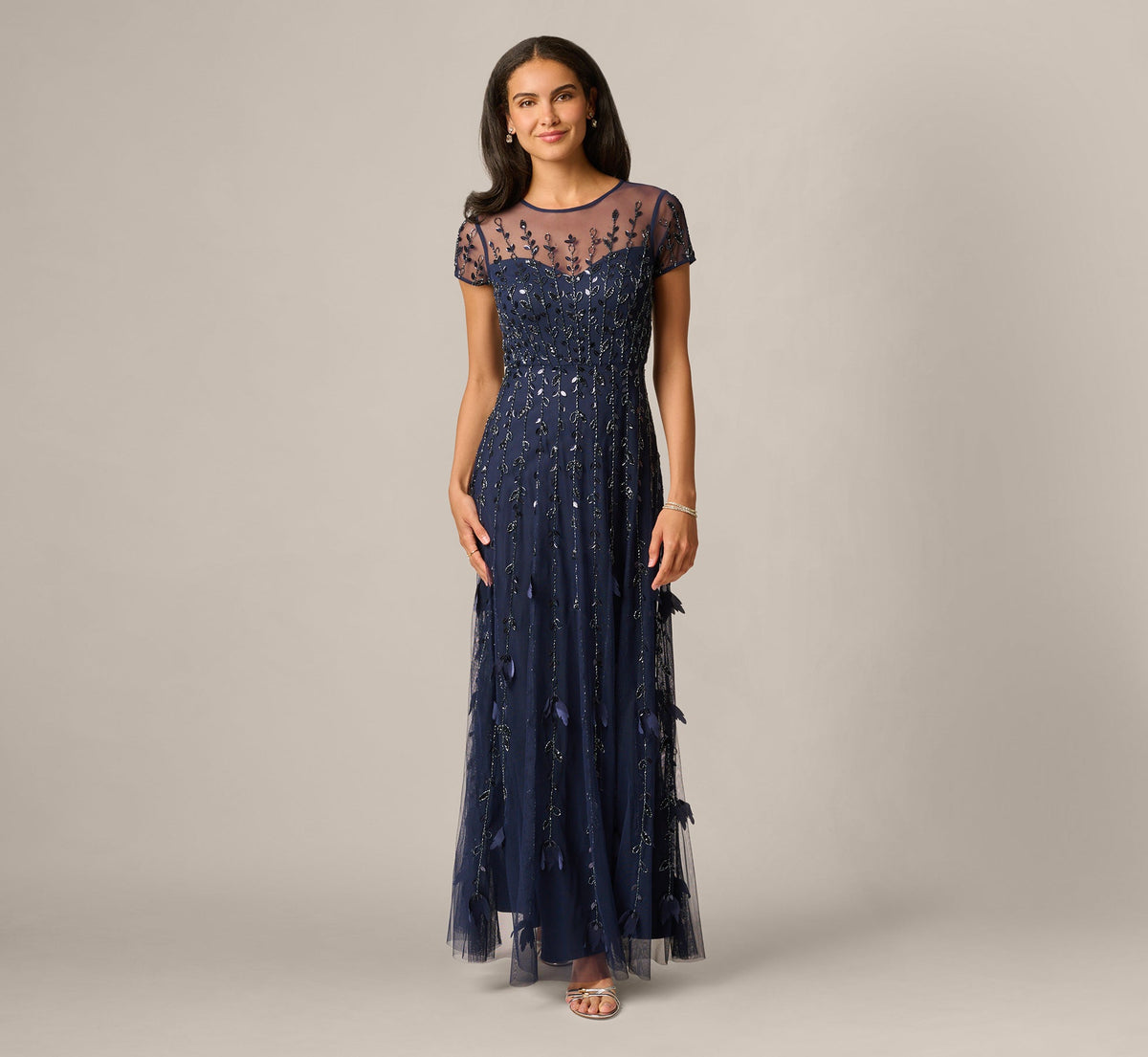 Short Sleeve 3D Beaded Vine Gown - Navy | Adrianna Papell