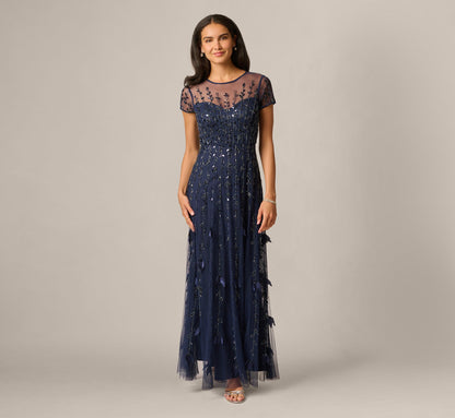 Short Sleeve 3D Beaded Vine Gown - Navy | Adrianna Papell