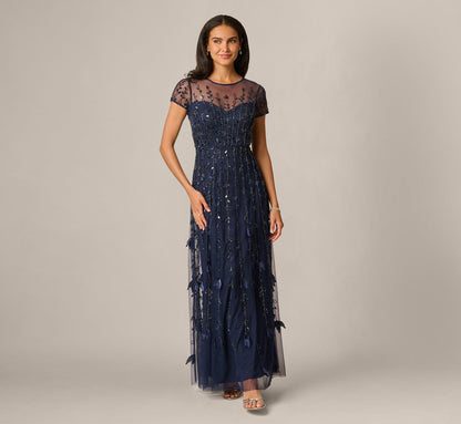 Short Sleeve 3D Beaded Vine Gown - Navy | Adrianna Papell