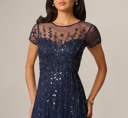 Short Sleeve 3D Beaded Vine Gown - Navy | Adrianna Papell