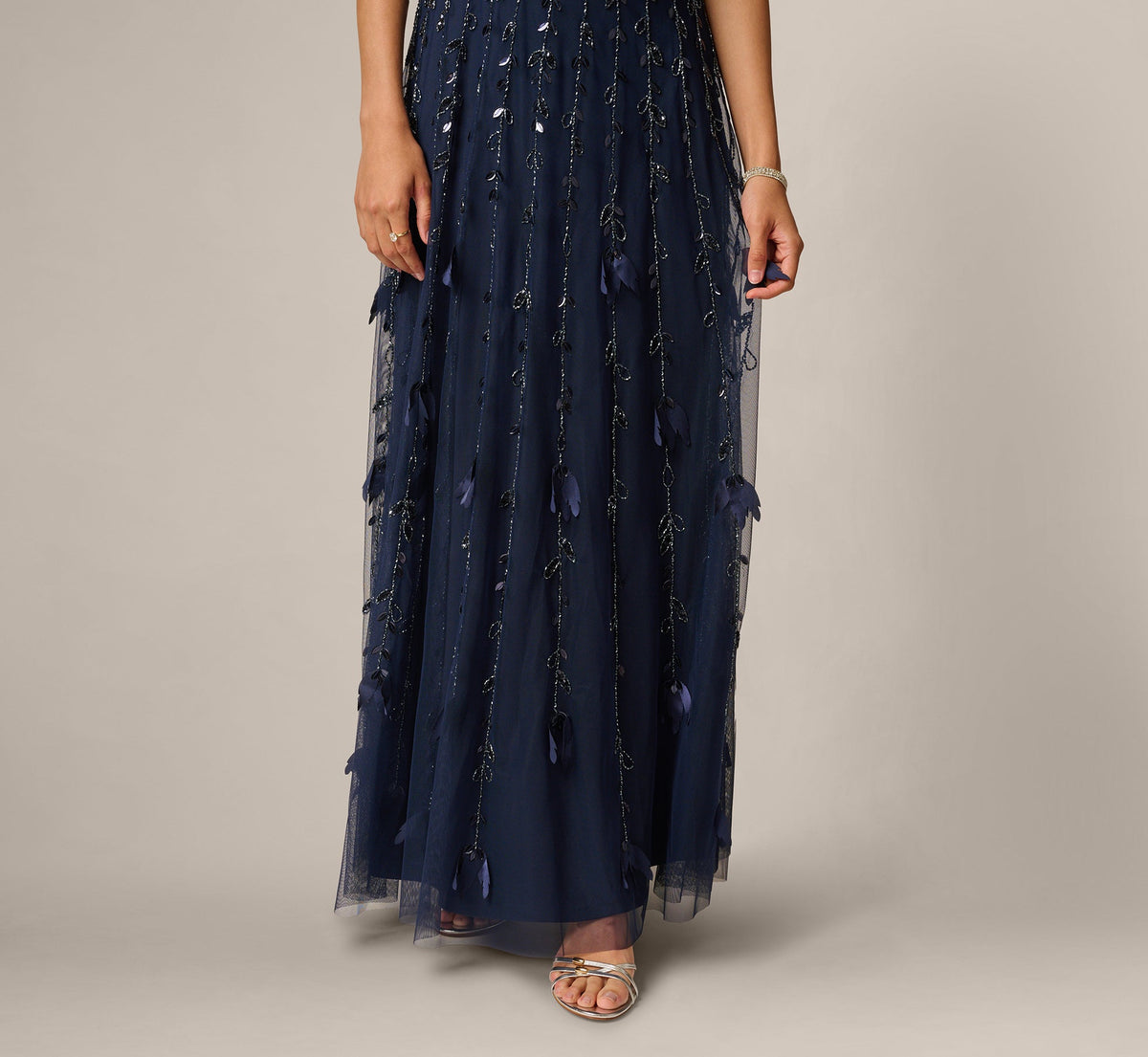 Short Sleeve 3D Beaded Vine Gown - Navy | Adrianna Papell