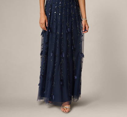 Short Sleeve 3D Beaded Vine Gown - Navy | Adrianna Papell