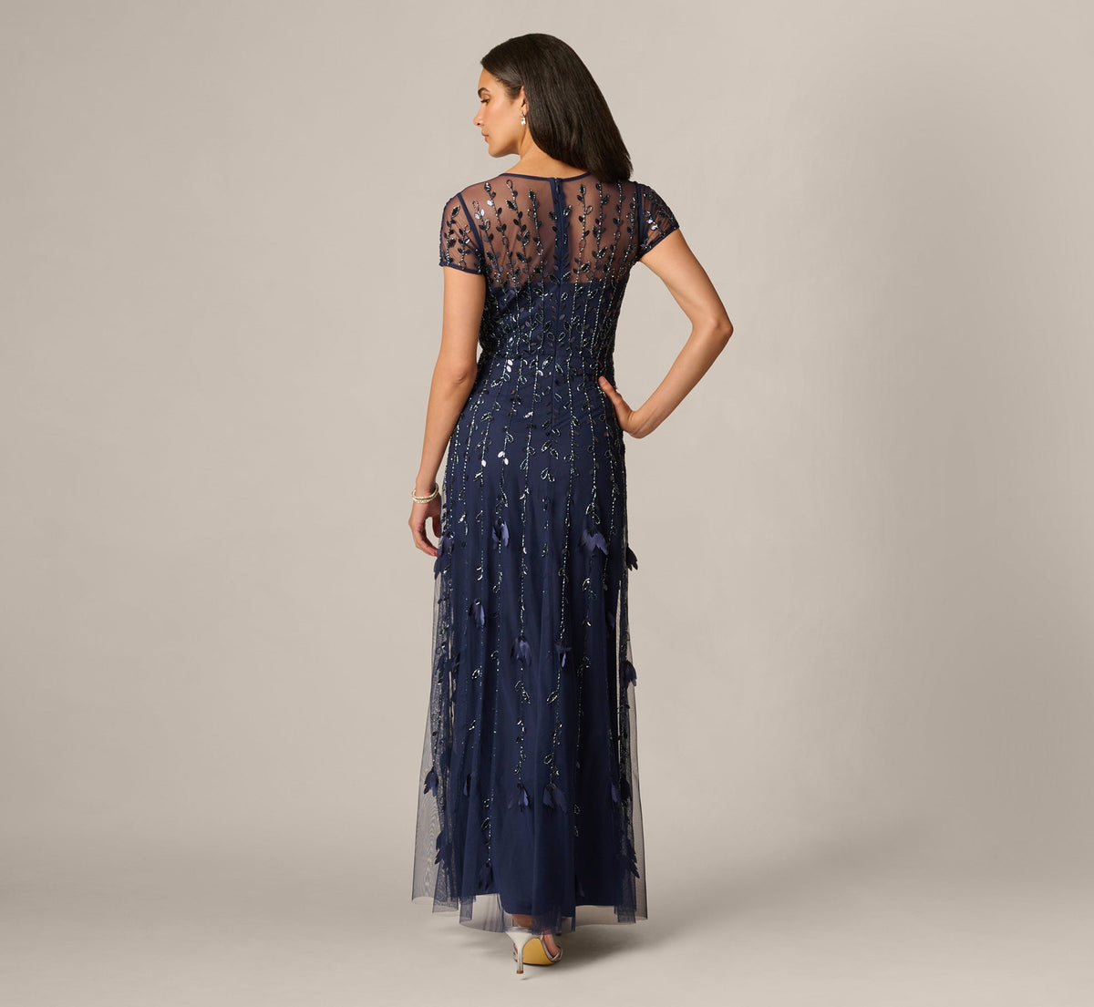 Short Sleeve 3D Beaded Vine Gown - Navy | Adrianna Papell