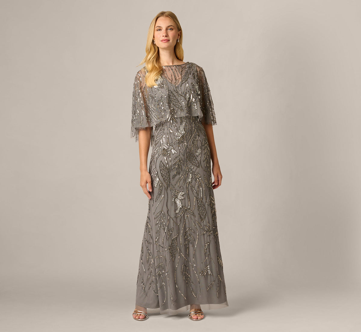 Beaded Cape V Neck Long Dress - Sterling | Adrianna Papell