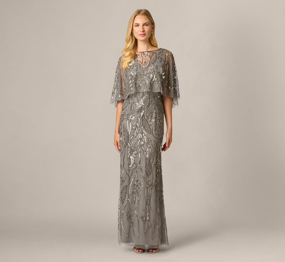 Beaded Cape V Neck Long Dress - Sterling | Adrianna Papell
