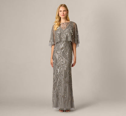 Beaded Cape V Neck Long Dress - Sterling | Adrianna Papell