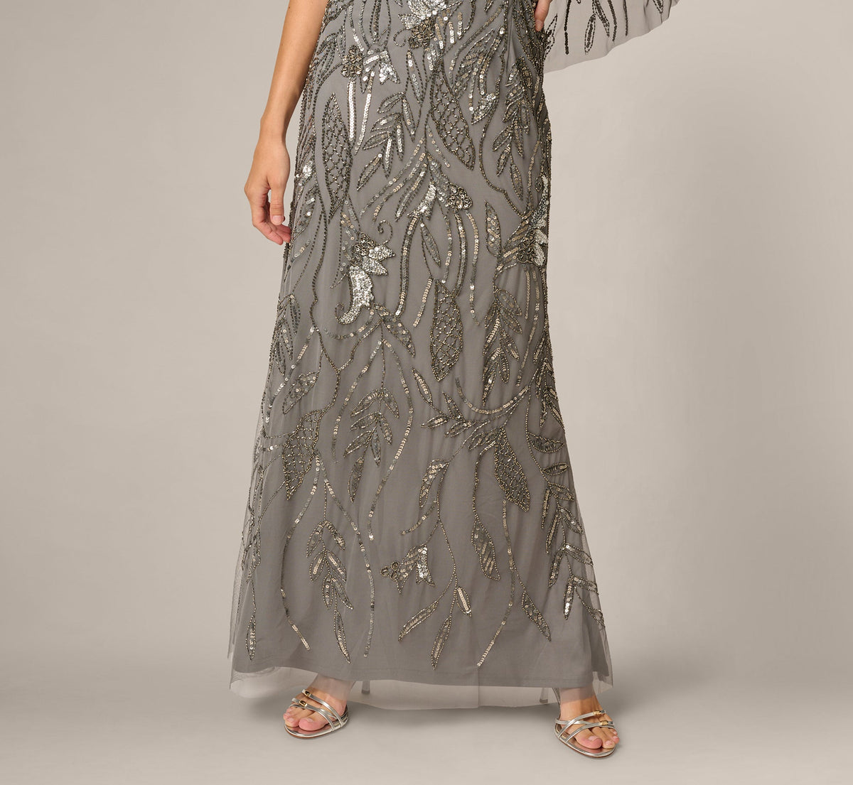 Beaded Cape V Neck Long Dress - Sterling | Adrianna Papell