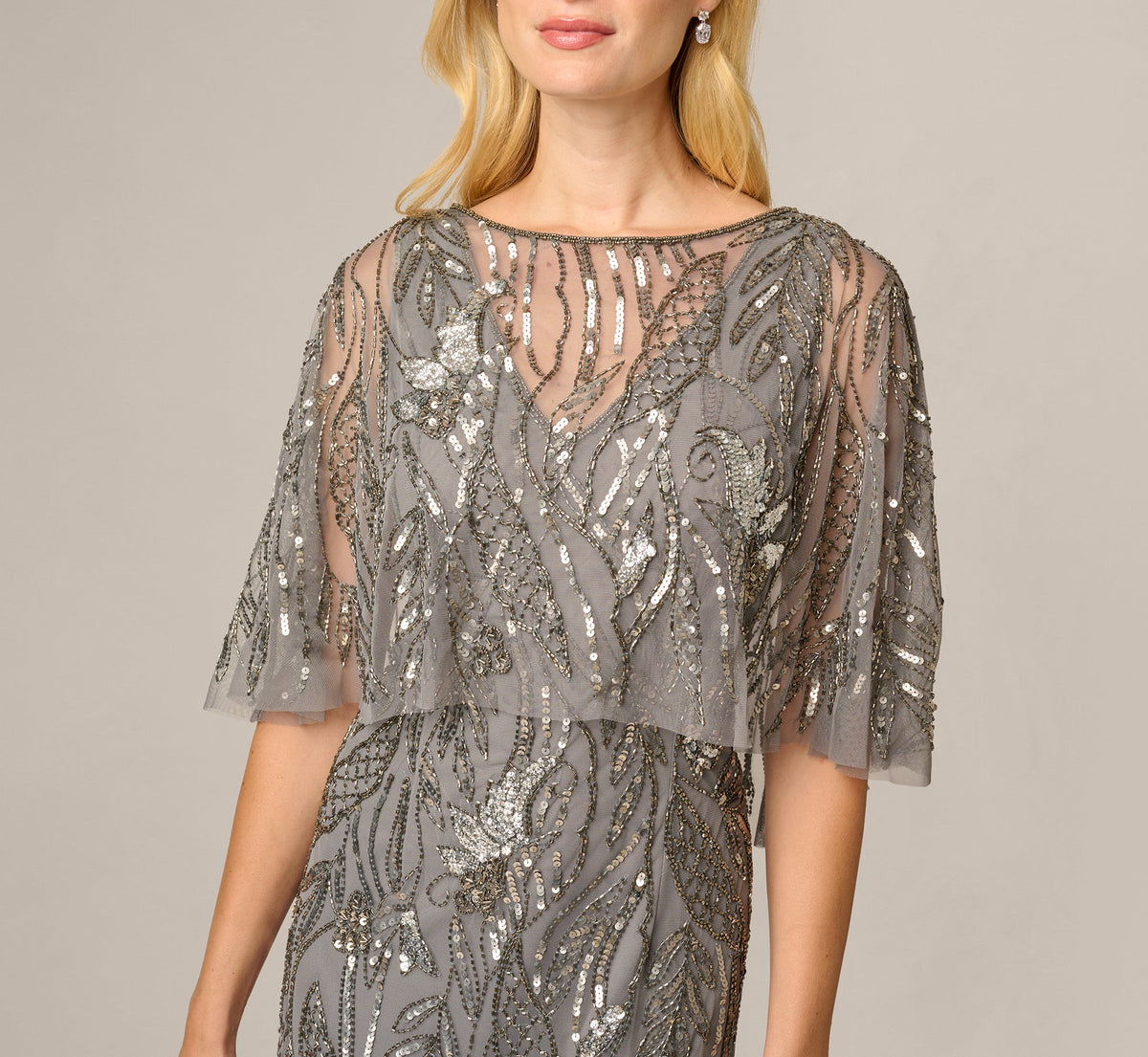 Beaded Cape V Neck Long Dress - Sterling | Adrianna Papell