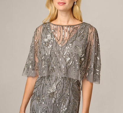 Beaded Cape V Neck Long Dress - Sterling | Adrianna Papell