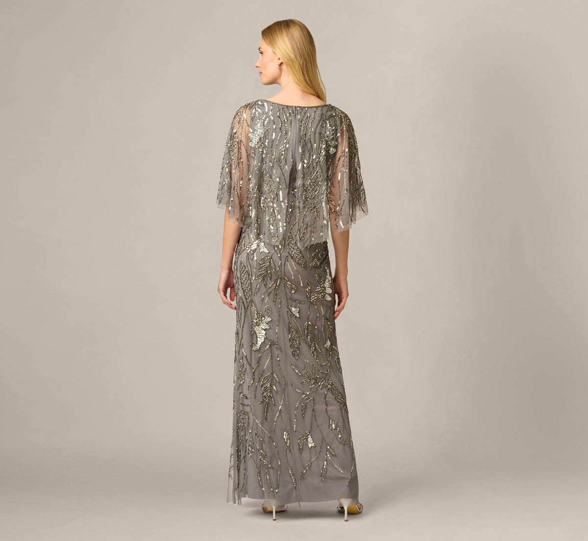 Beaded Cape V Neck Long Dress - Sterling | Adrianna Papell