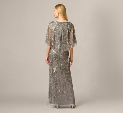 Beaded Cape V Neck Long Dress - Sterling | Adrianna Papell