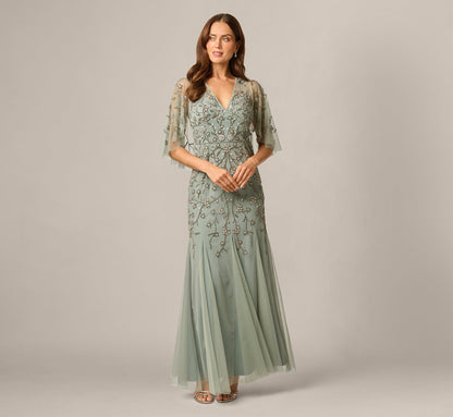 Cape Sleeve Opaline Floral Beaded Mermaid Gown - Sage | Adrianna Papell
