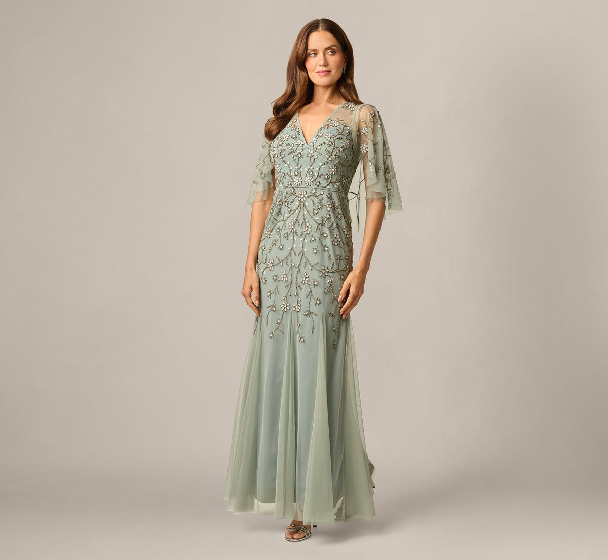 Cape Sleeve Opaline Floral Beaded Mermaid Gown - Sage | Adrianna Papell