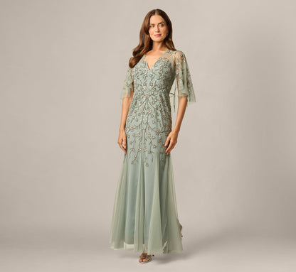 Cape Sleeve Opaline Floral Beaded Mermaid Gown - Sage | Adrianna Papell