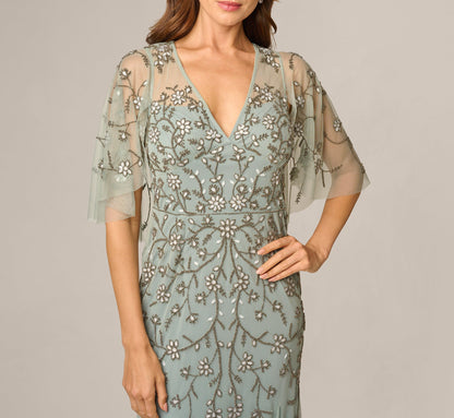 Cape Sleeve Opaline Floral Beaded Mermaid Gown - Sage | Adrianna Papell