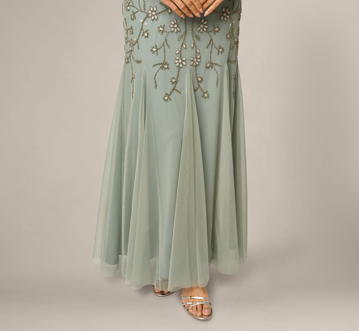 Cape Sleeve Opaline Floral Beaded Mermaid Gown - Sage | Adrianna Papell