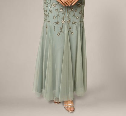 Cape Sleeve Opaline Floral Beaded Mermaid Gown - Sage | Adrianna Papell