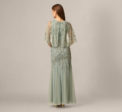 Cape Sleeve Opaline Floral Beaded Mermaid Gown - Sage | Adrianna Papell