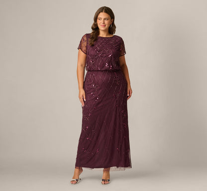 Plus Size Short Sleeve Lattice Floral Beaded Blouson Gown - Night Plum | Adrianna Papell