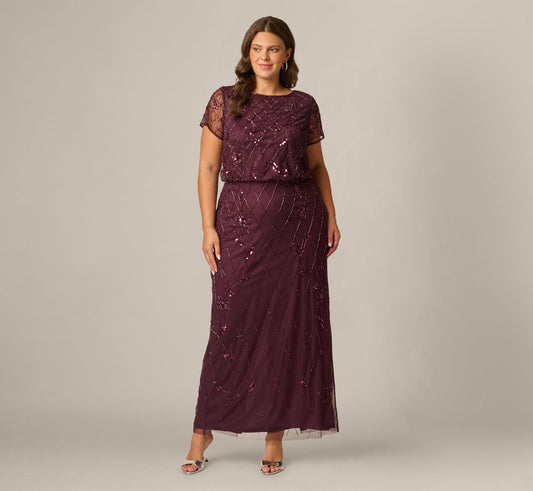 Plus Size Short Sleeve Lattice Floral Beaded Blouson Gown - Night Plum | Adrianna Papell
