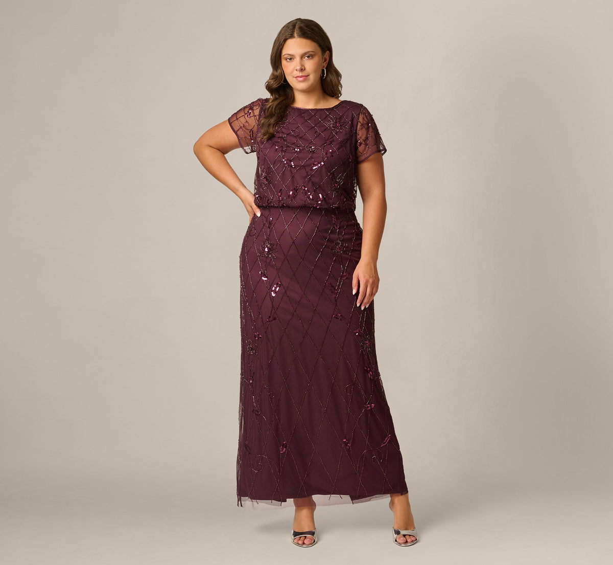Plus Size Short Sleeve Lattice Floral Beaded Blouson Gown - Night Plum | Adrianna Papell