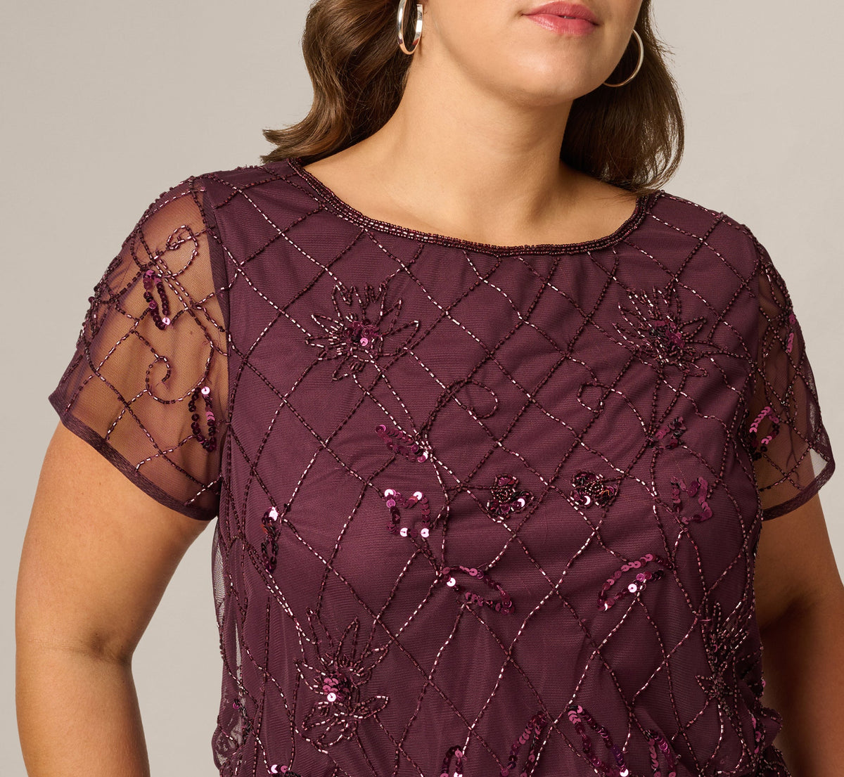 Plus Size Short Sleeve Lattice Floral Beaded Blouson Gown - Night Plum | Adrianna Papell