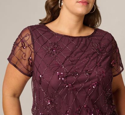Plus Size Short Sleeve Lattice Floral Beaded Blouson Gown - Night Plum | Adrianna Papell