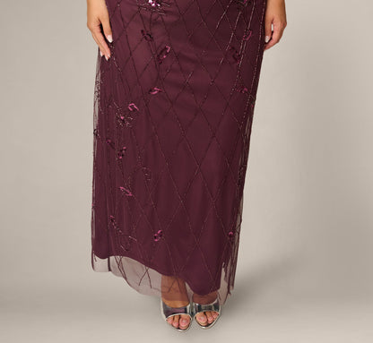 Plus Size Short Sleeve Lattice Floral Beaded Blouson Gown - Night Plum | Adrianna Papell