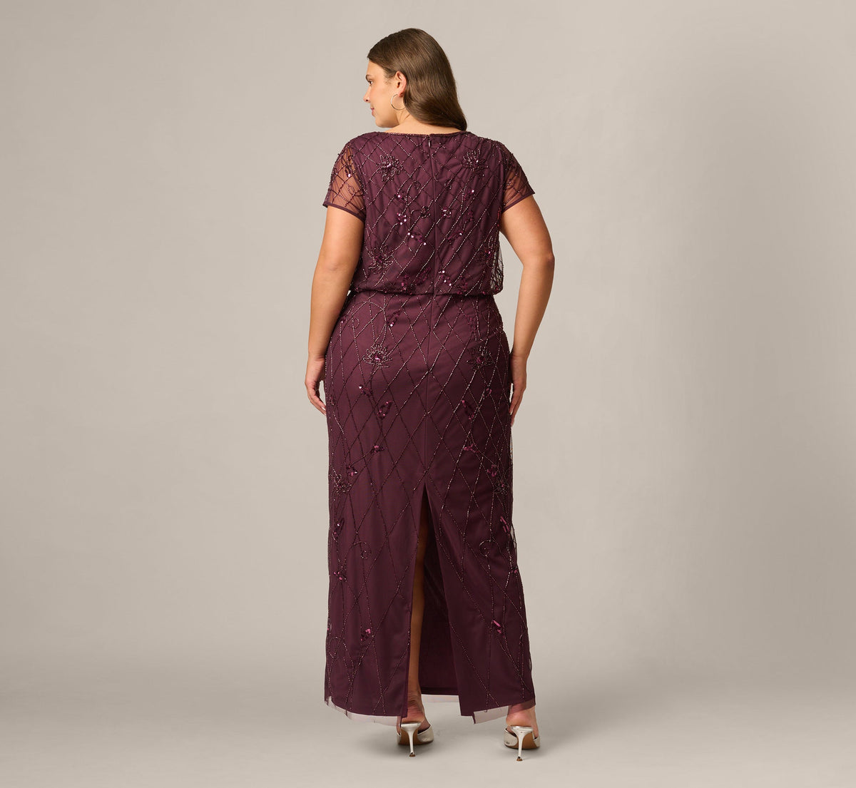 Plus Size Short Sleeve Lattice Floral Beaded Blouson Gown - Night Plum | Adrianna Papell