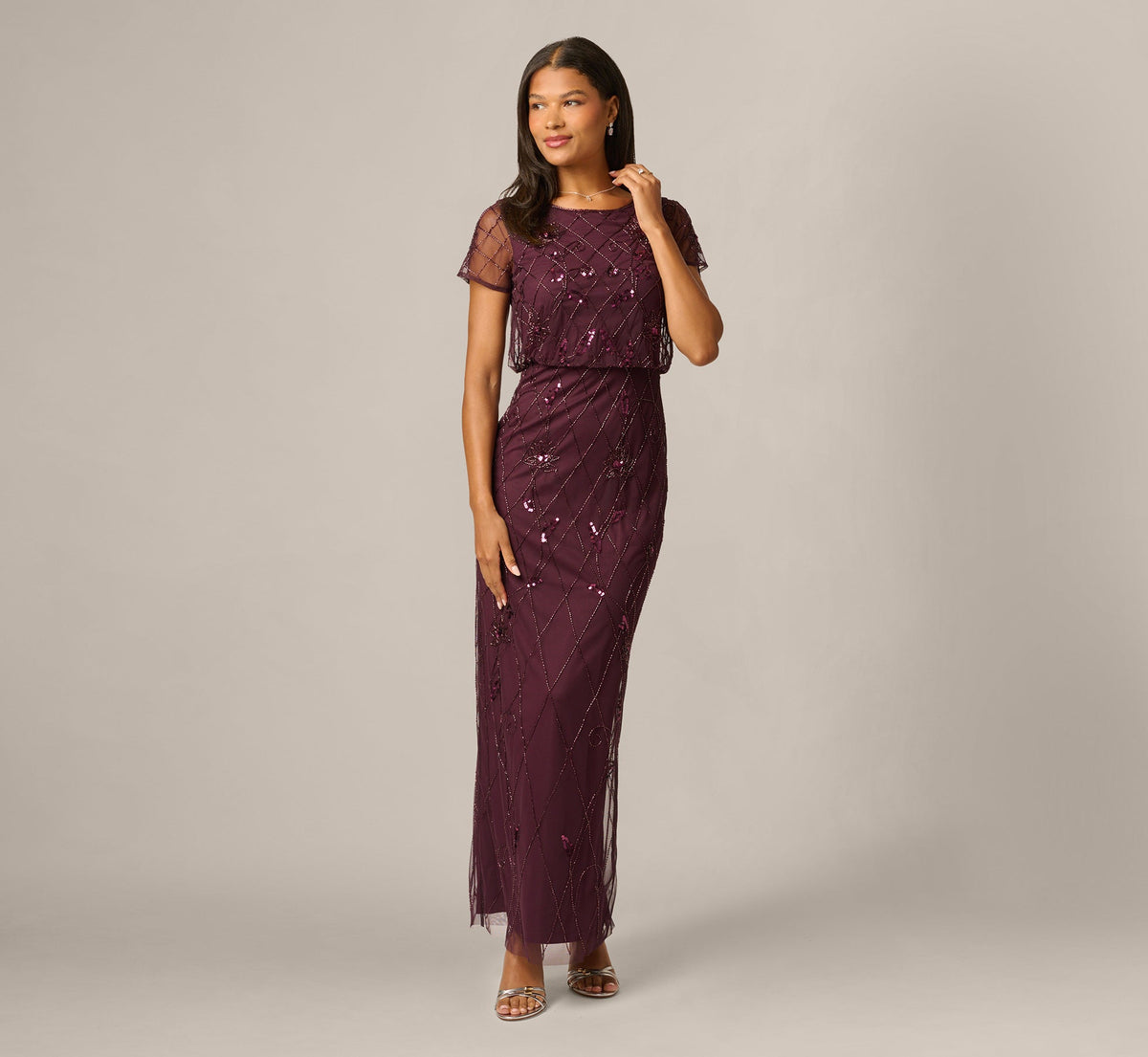 Short Sleeve Lattice Floral Beaded Blouson Gown - Night Plum | Adrianna Papell
