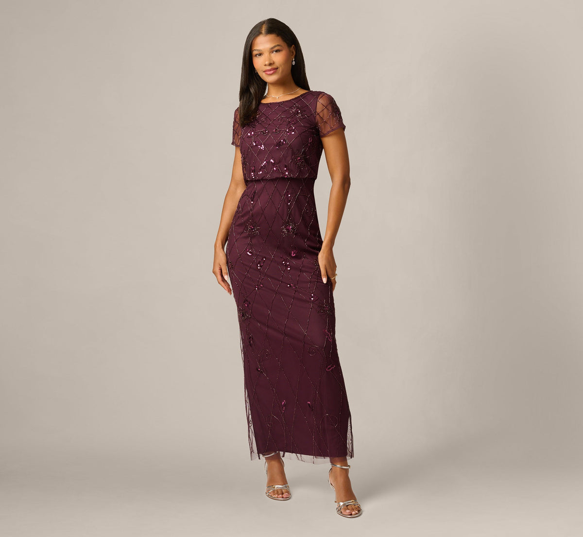 Short Sleeve Lattice Floral Beaded Blouson Gown - Night Plum | Adrianna Papell