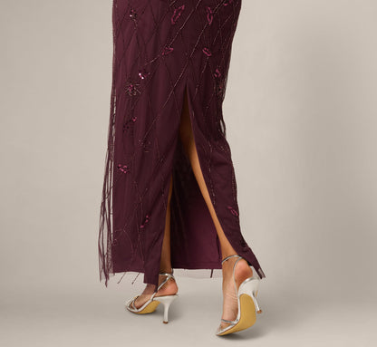 Short Sleeve Lattice Floral Beaded Blouson Gown - Night Plum | Adrianna Papell