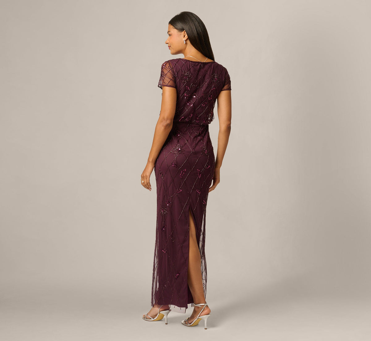 Short Sleeve Lattice Floral Beaded Blouson Gown - Night Plum | Adrianna Papell