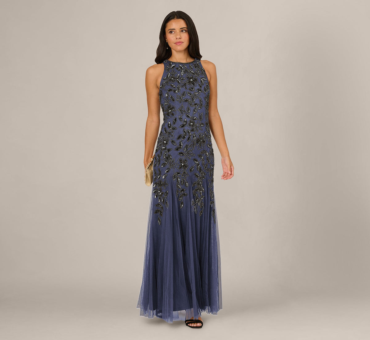 Sleeveless Floral Beaded Godet Gown - Smoky Peri | Adrianna Papell