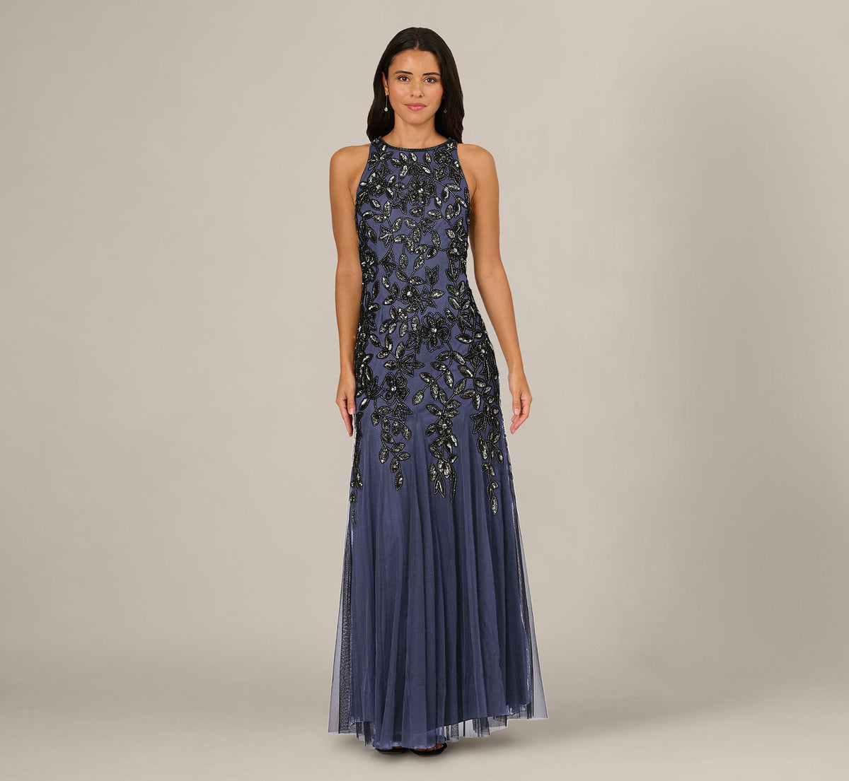Sleeveless Floral Beaded Godet Gown - Smoky Peri | Adrianna Papell