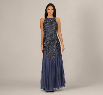 Sleeveless Floral Beaded Godet Gown - Smoky Peri | Adrianna Papell