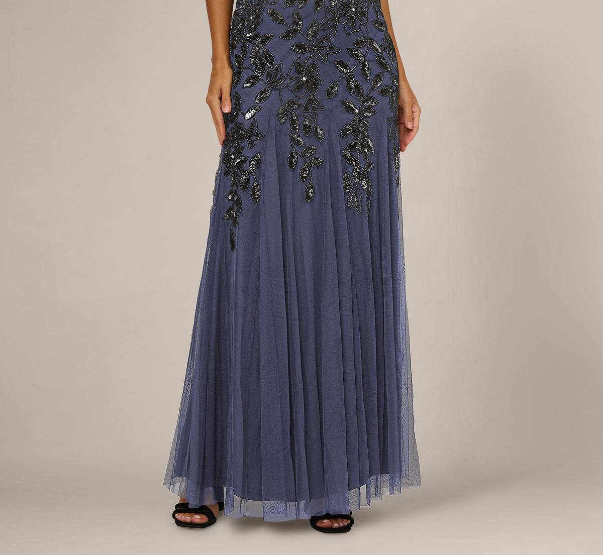 Sleeveless Floral Beaded Godet Gown - Smoky Peri | Adrianna Papell